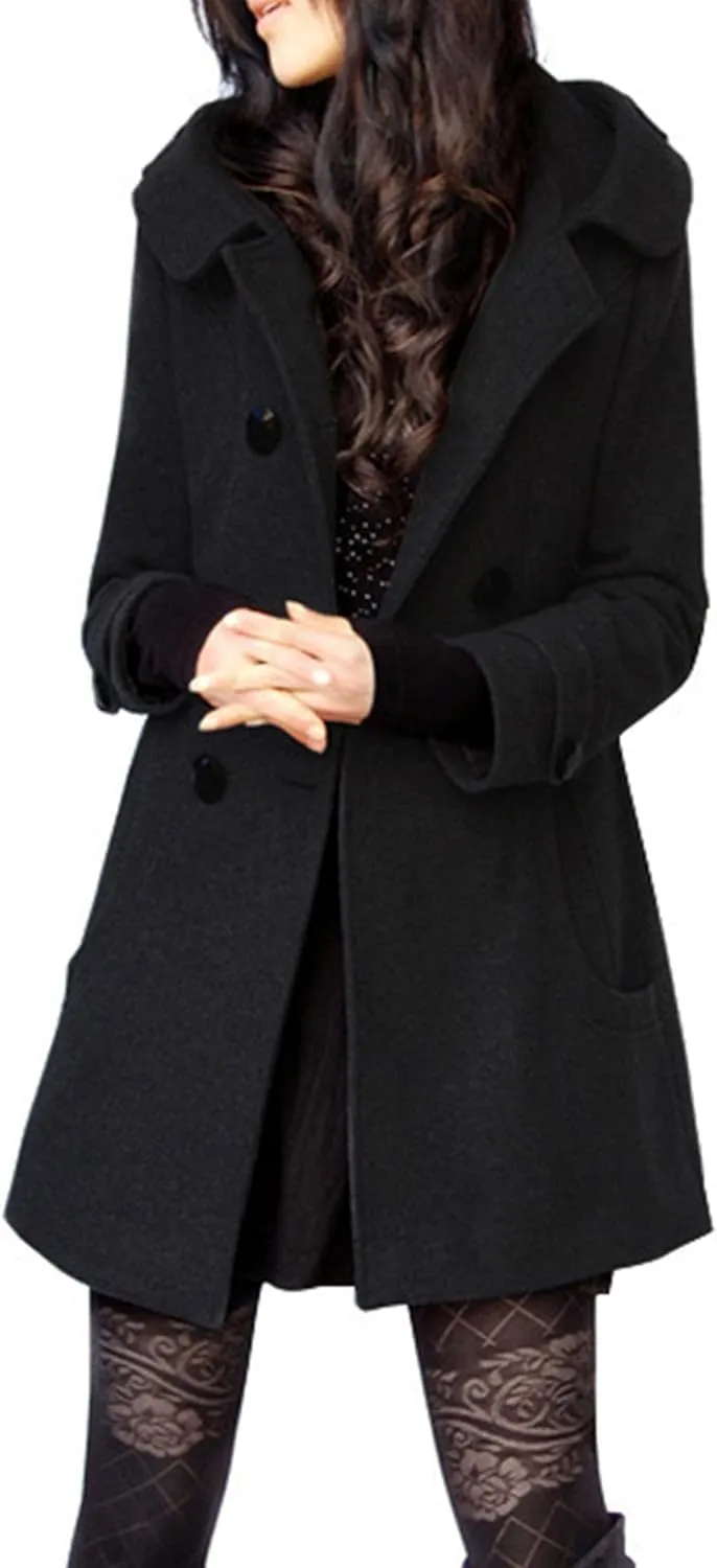 Maiyifu-GJ Womens Winter Wool Overcoat Double Breasted Wool Blend Trench Coat Mid Long Jacket Outerwear with Hood