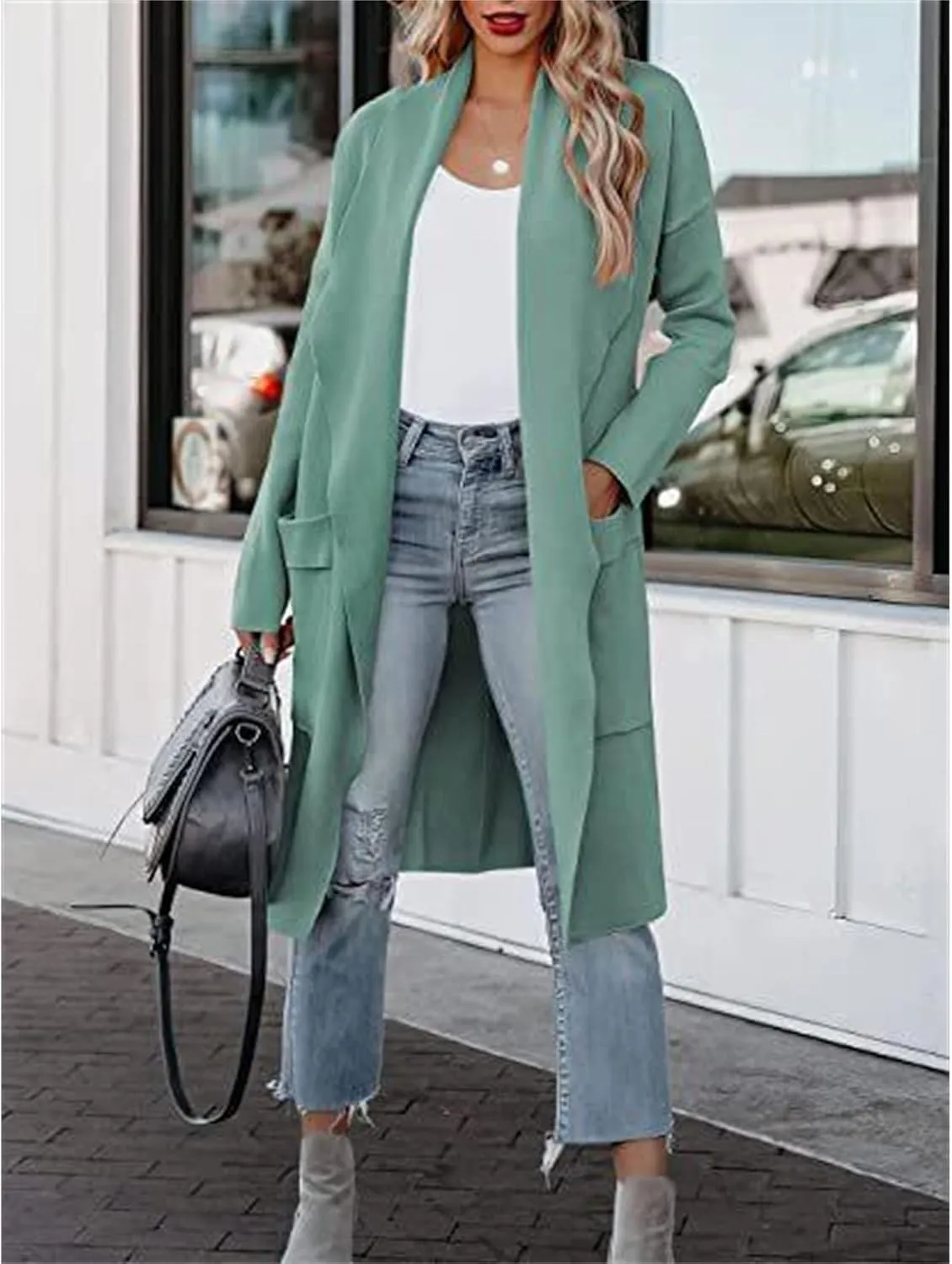 Maiyifu-GJ Women's Wool Blend Trench Coat Long Cardigan Jackets Long Sleeve Sweaters Casual Lapel Open Front Overcoat