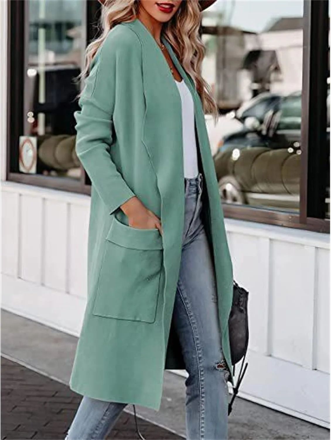 Maiyifu-GJ Women's Wool Blend Trench Coat Long Cardigan Jackets Long Sleeve Sweaters Casual Lapel Open Front Overcoat