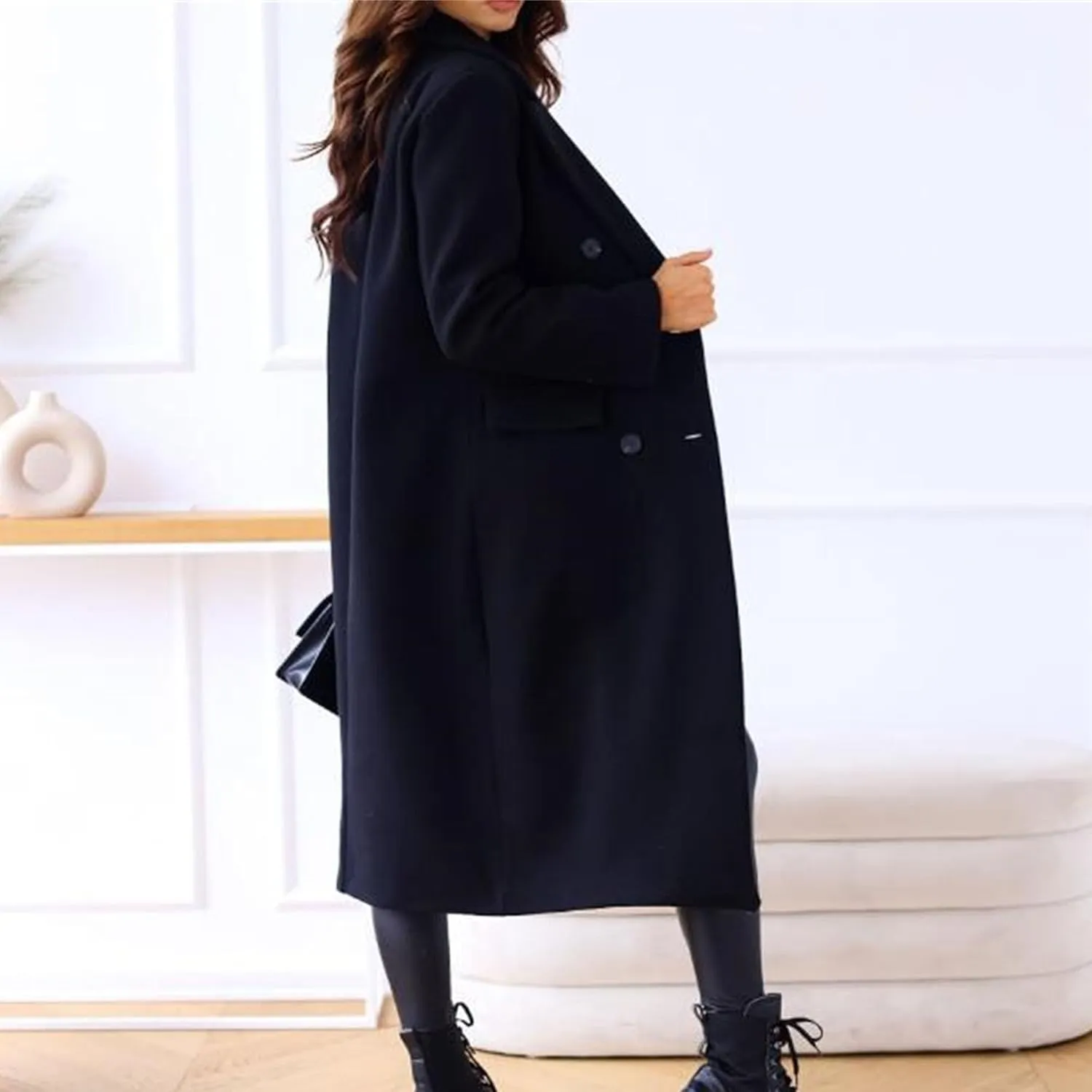 Maiyifu-GJ Wool Blend Coat for Women Notched Collar Double Breasted Trench Coat Fall Winter Elegant Long Jacket Outerwear