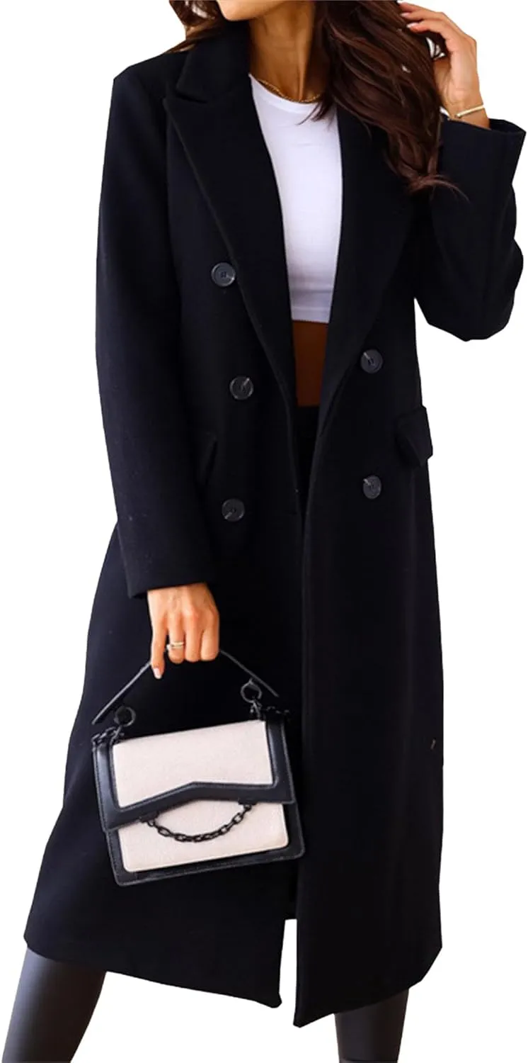 Maiyifu-GJ Wool Blend Coat for Women Notched Collar Double Breasted Trench Coat Fall Winter Elegant Long Jacket Outerwear