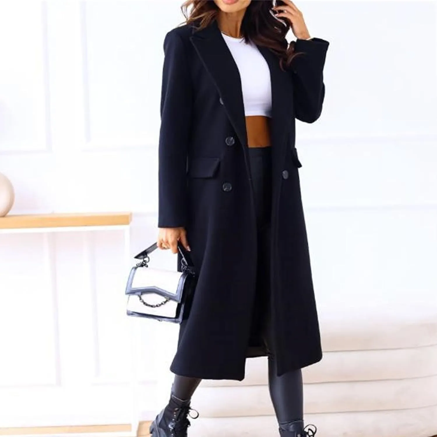 Maiyifu-GJ Wool Blend Coat for Women Notched Collar Double Breasted Trench Coat Fall Winter Elegant Long Jacket Outerwear