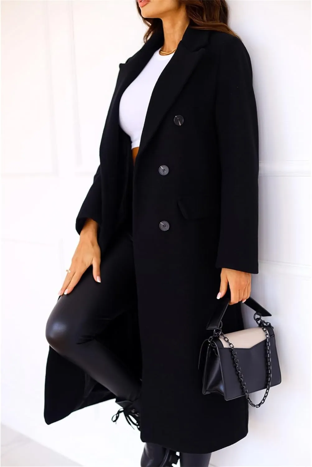 Maiyifu-GJ Wool Blend Coat for Women Notched Collar Double Breasted Trench Coat Fall Winter Elegant Long Jacket Outerwear