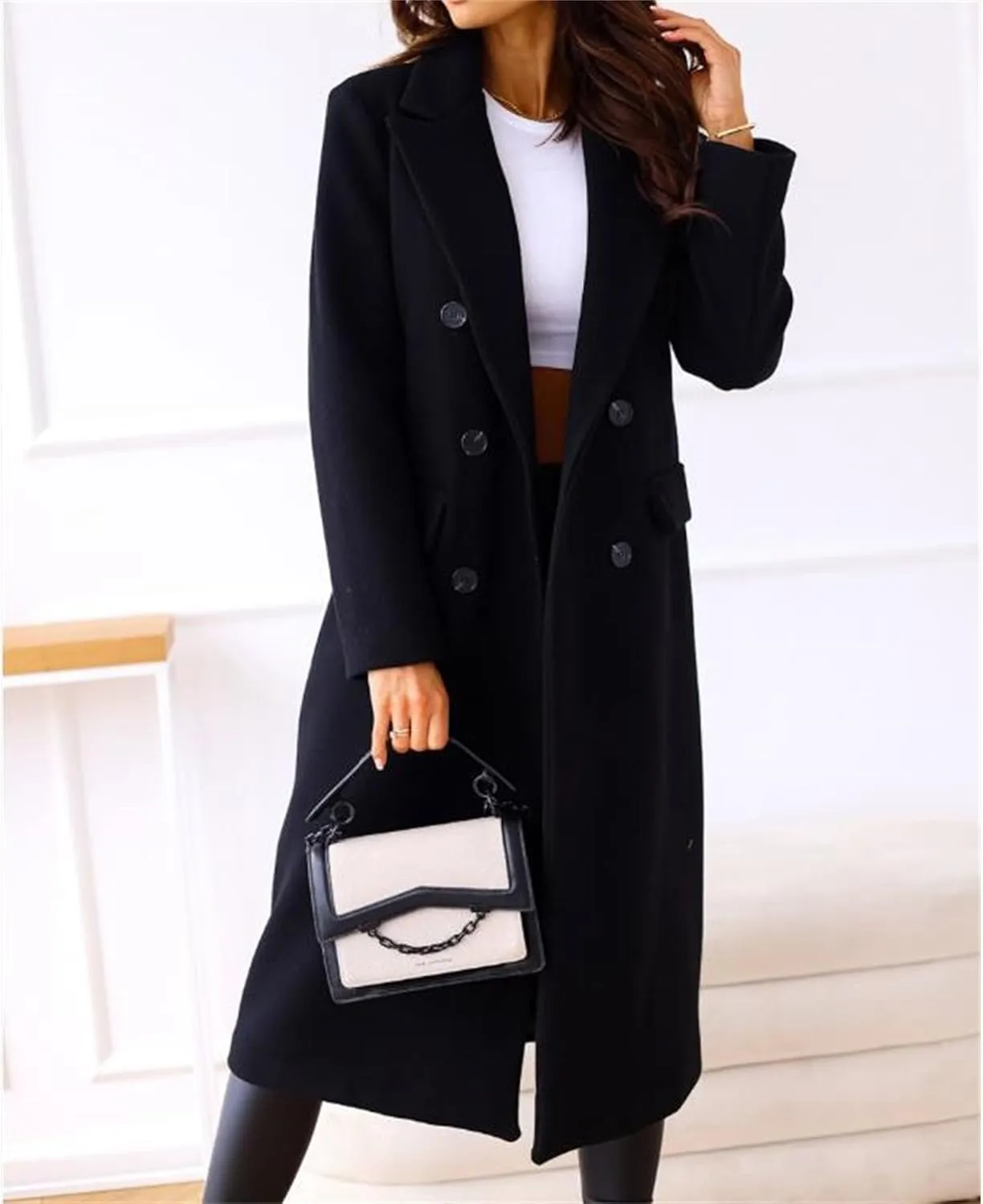 Maiyifu-GJ Wool Blend Coat for Women Notched Collar Double Breasted Trench Coat Fall Winter Elegant Long Jacket Outerwear