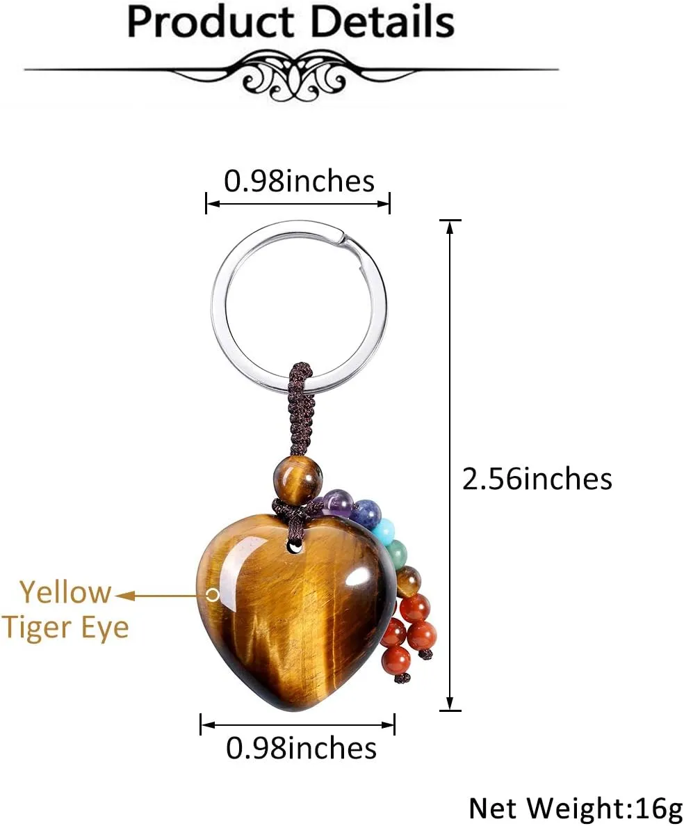 MANIFO Natural Tiger Eye Heart Crystal Keychain 7 Chakra Healing Gemstone Key Ring Charm for Women
