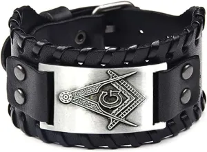 Masonic Freemason Leather Bracelet, Freemason Compass Symbol Leather Cuff Wristband for Mason Costume