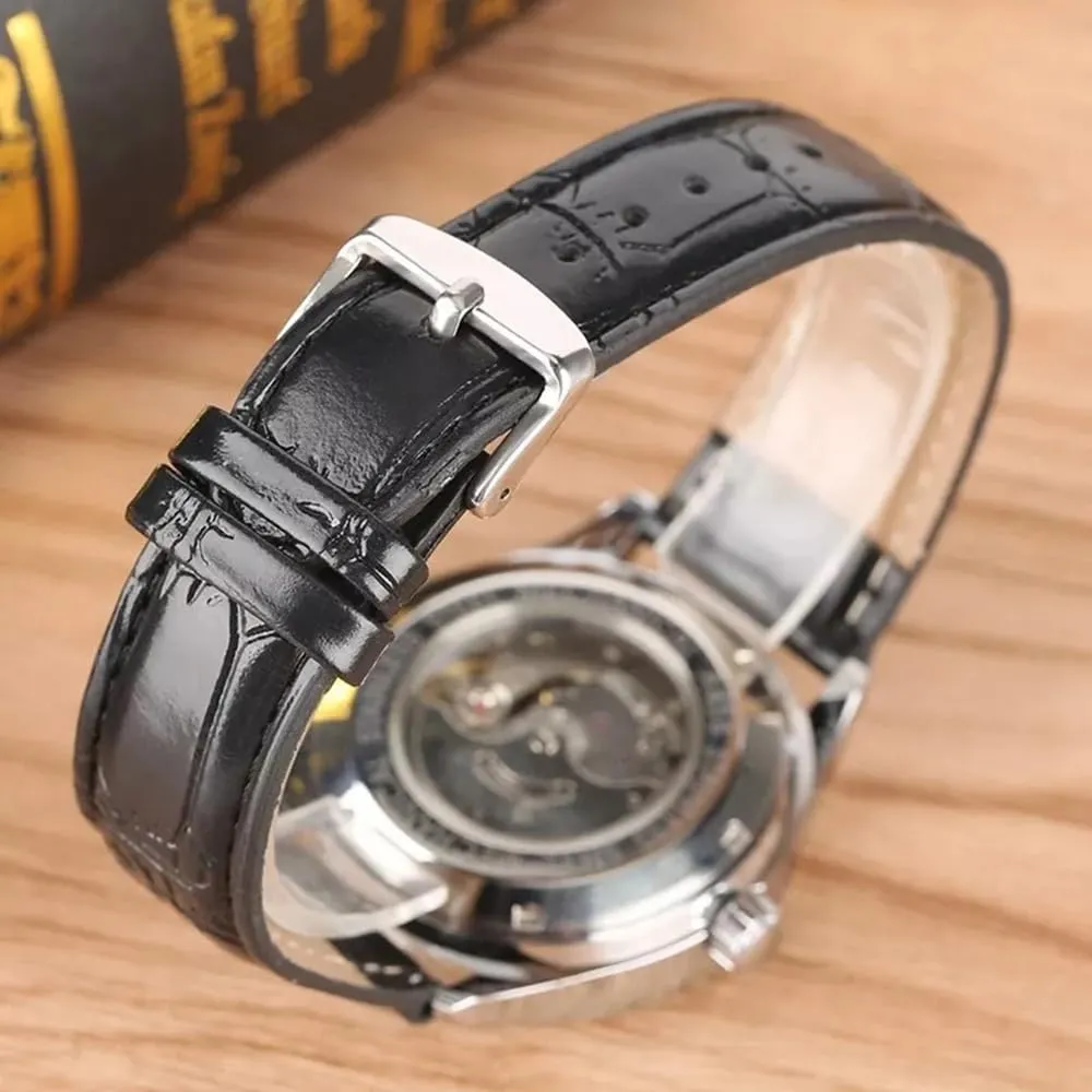MASTOP Fashion Men's Sport Day Date Black Leather Automatic Self Winding Watch