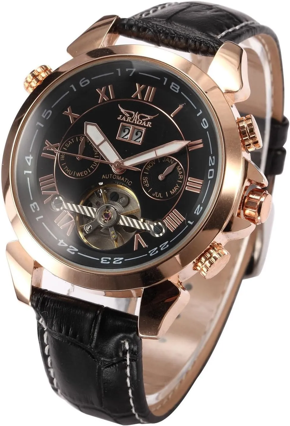 MASTOP Men Black Tourbillon Rose Golden Aviator Automatic Mechanical Watch