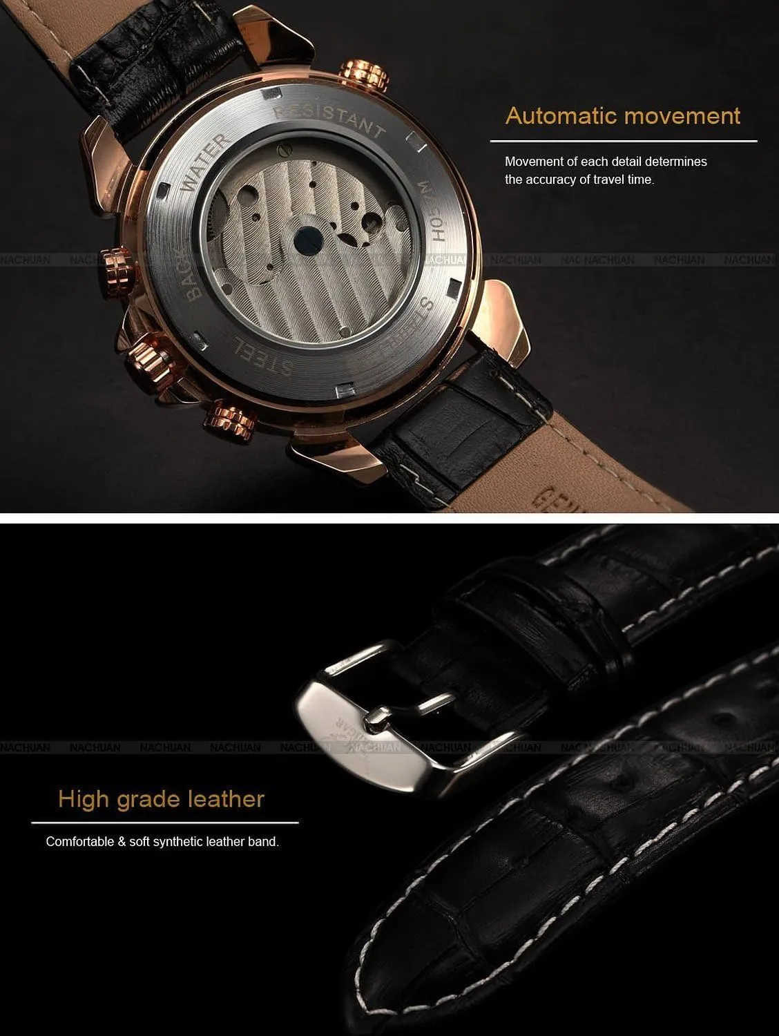 MASTOP Men Black Tourbillon Rose Golden Aviator Automatic Mechanical Watch