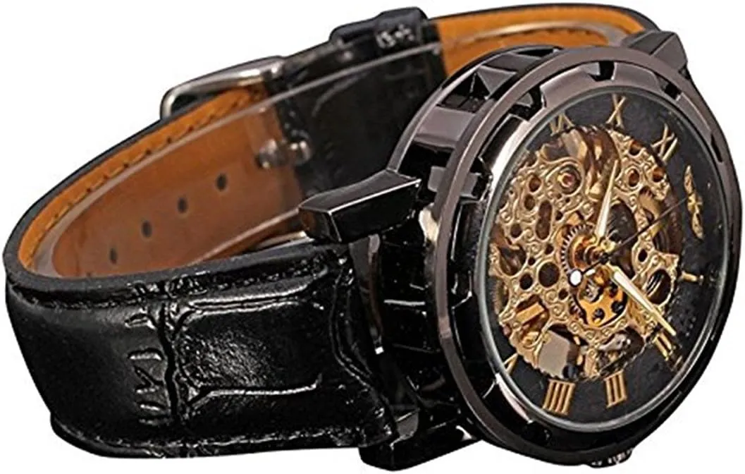 MASTOP Men's Retro Minimalist Mechanical Wrist Watch Leather Strap Roman Number Transparent Dial Skeleton Watch