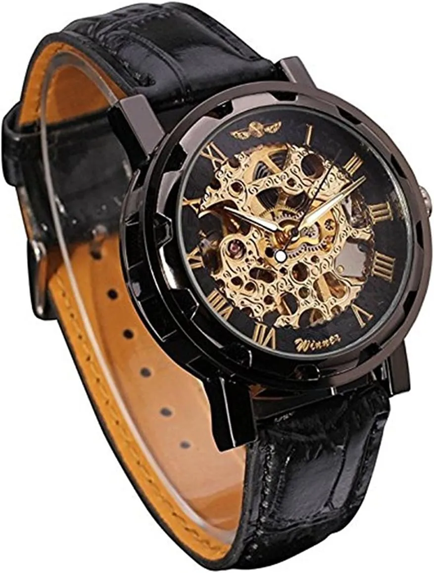 MASTOP Men's Retro Minimalist Mechanical Wrist Watch Leather Strap Roman Number Transparent Dial Skeleton Watch