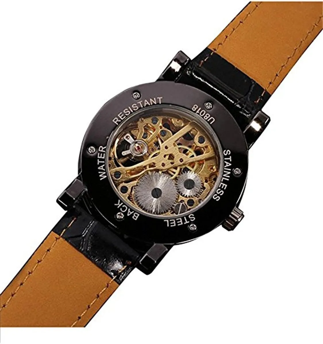 MASTOP Men's Retro Minimalist Mechanical Wrist Watch Leather Strap Roman Number Transparent Dial Skeleton Watch
