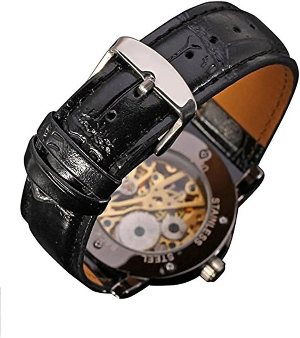 MASTOP Men's Retro Minimalist Mechanical Wrist Watch Leather Strap Roman Number Transparent Dial Skeleton Watch