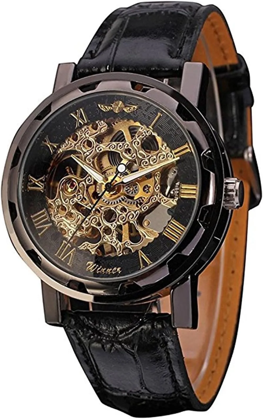 MASTOP Men's Retro Minimalist Mechanical Wrist Watch Leather Strap Roman Number Transparent Dial Skeleton Watch