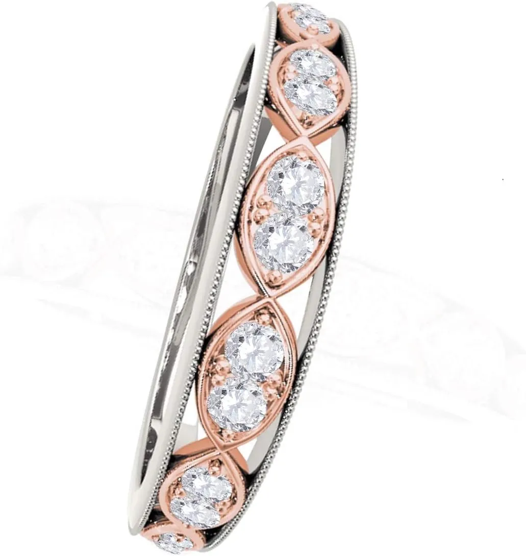 MauliJewels 0.16 Carat Two Tone Diamond Wedding Band prong 14K Solid Rose & White Gold