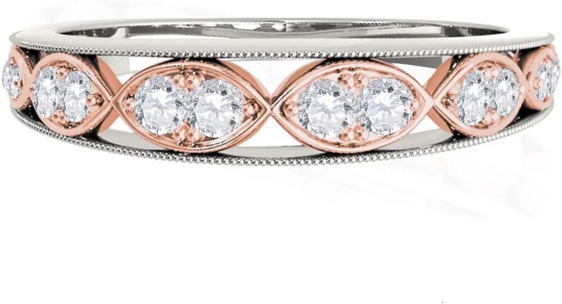 MauliJewels 0.16 Carat Two Tone Diamond Wedding Band prong 14K Solid Rose & White Gold