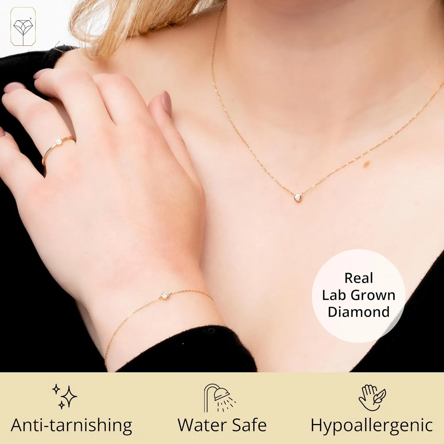 MAX   STONE 10K Yellow Gold Diamond Bracelet or Pendant for Women | Hypoallergenic Bezel Labgrown Small Diamonds Necklace or Bracelet | Adjustable Chains: Bracelets (7.5"-9.5") or Necklaces (16"-18")