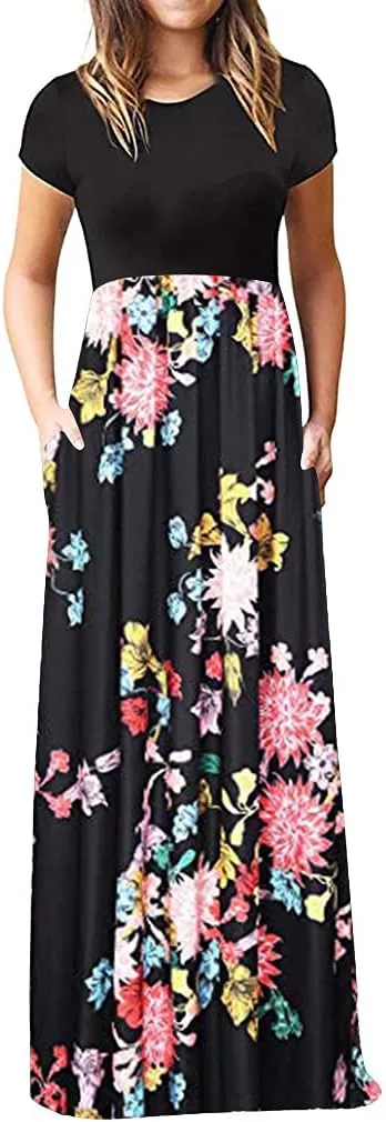 Maxi Dress for Women Plus Size Short Sleeve Loose Plain Casual Long Maxi Dresses Floral Empire Waist Dress with Pockets