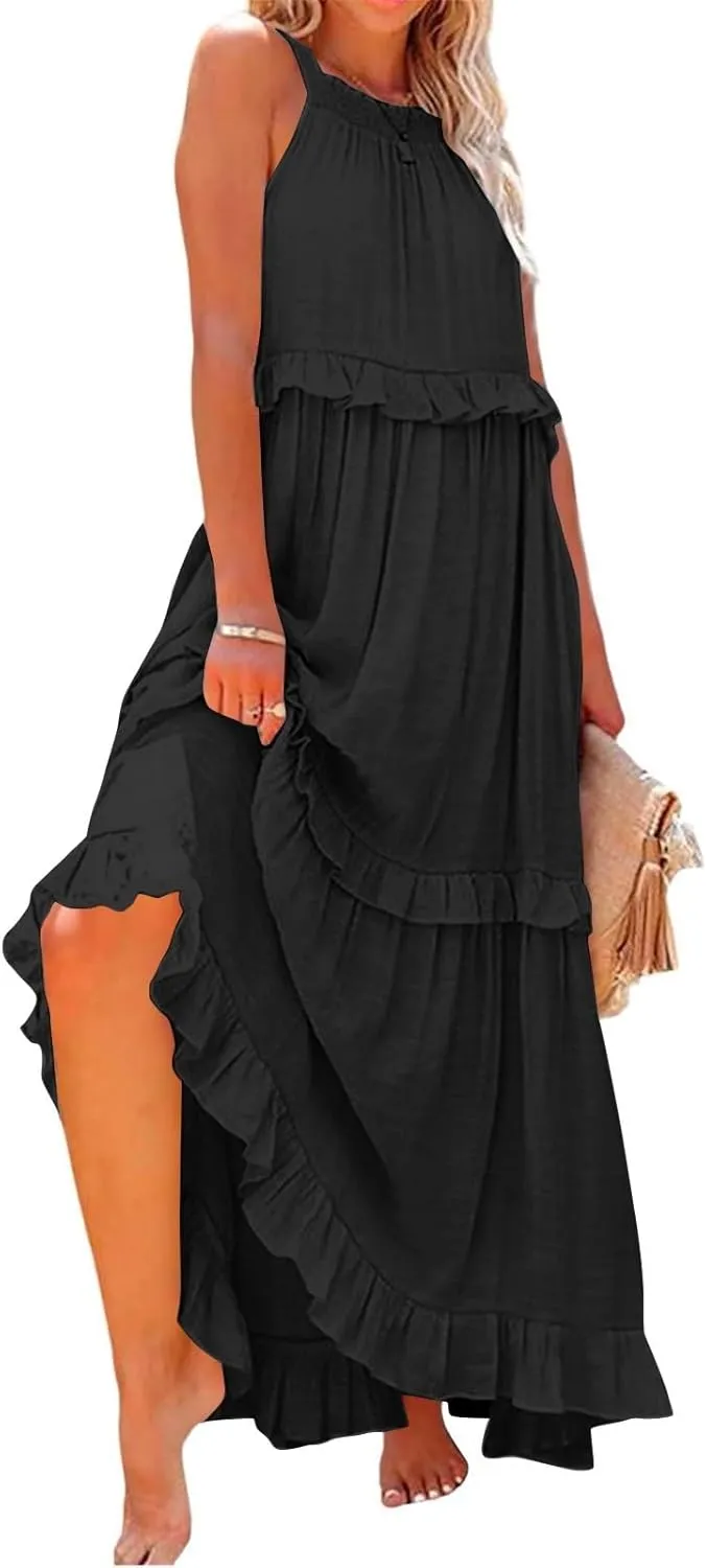 Maxi Dresses for Women 2025 Elegant Loose Flowy Tiered Ruffle Dress Summer Swing Beach Dresses with Pockets
