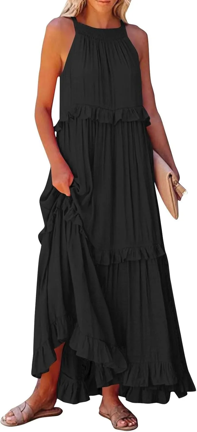 Maxi Dresses for Women 2025 Elegant Loose Flowy Tiered Ruffle Dress Summer Swing Beach Dresses with Pockets