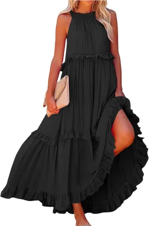 Maxi Dresses for Women 2025 Elegant Loose Flowy Tiered Ruffle Dress Summer Swing Beach Dresses with Pockets