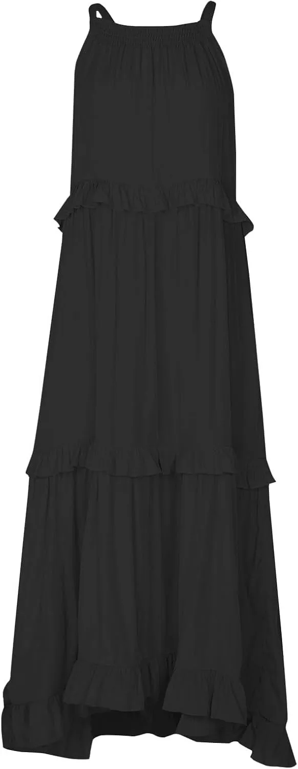 Maxi Dresses for Women 2025 Elegant Loose Flowy Tiered Ruffle Dress Summer Swing Beach Dresses with Pockets