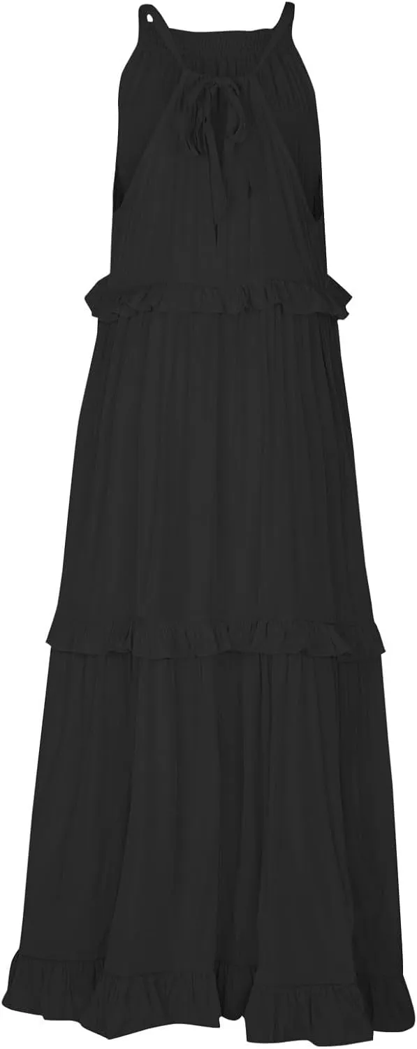 Maxi Dresses for Women 2025 Elegant Loose Flowy Tiered Ruffle Dress Summer Swing Beach Dresses with Pockets