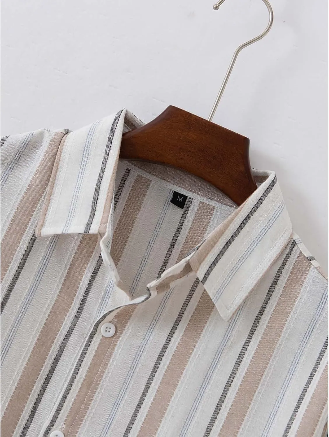 Men Cotton and Linen Shirt Button Down Lapel Striped Printed Long Sleeve Blouse Tops Casual Soft Slim Fit Shirts