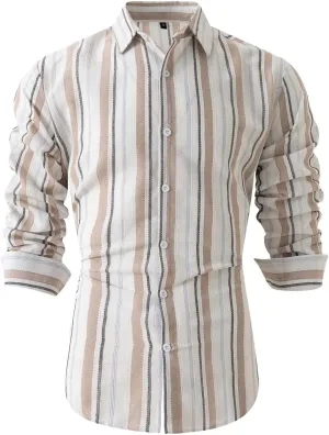 Men Cotton and Linen Shirt Button Down Lapel Striped Printed Long Sleeve Blouse Tops Casual Soft Slim Fit Shirts