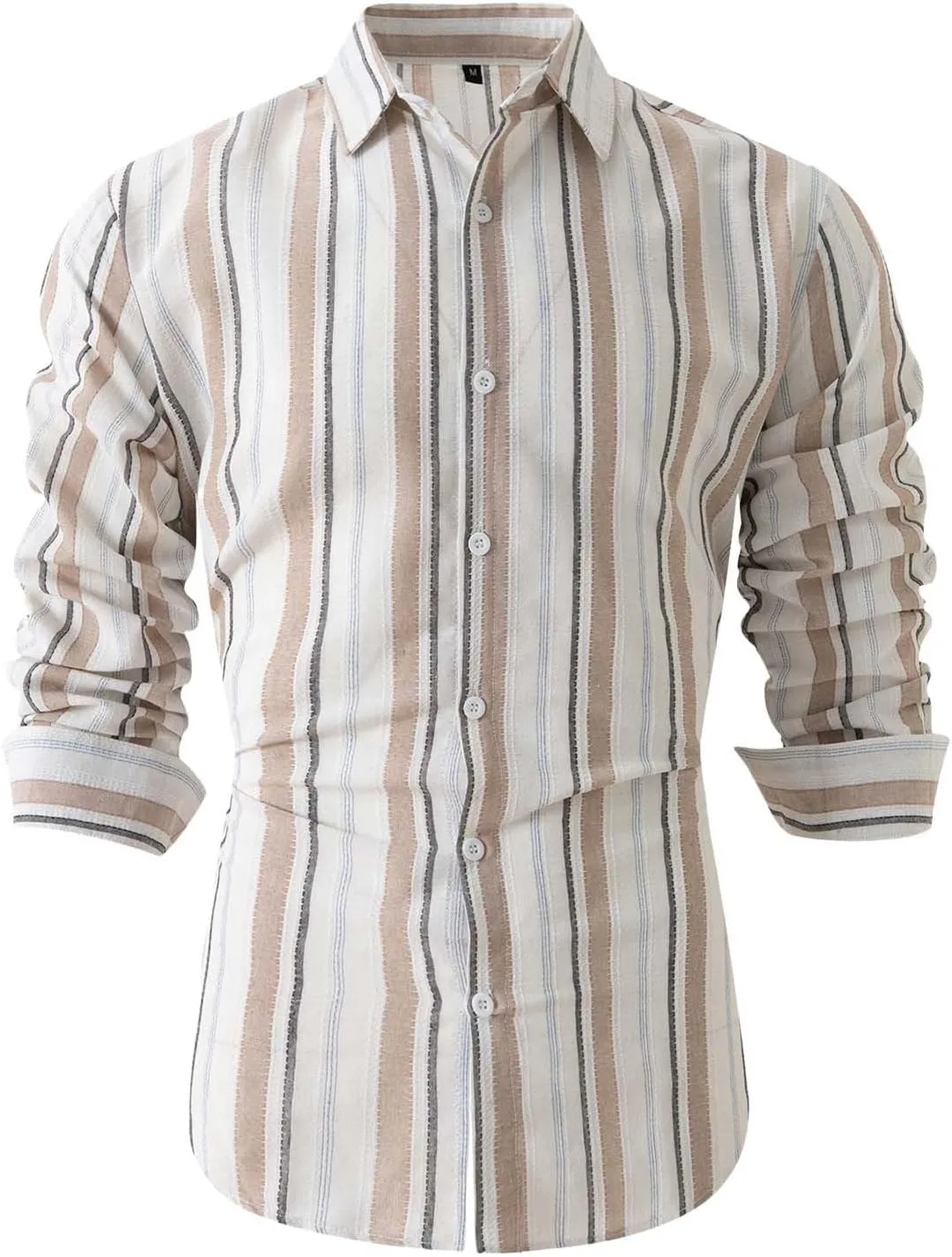 Men Cotton and Linen Shirt Button Down Lapel Striped Printed Long Sleeve Blouse Tops Casual Soft Slim Fit Shirts
