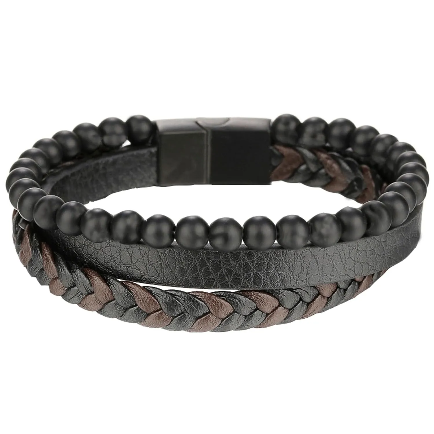 Men Leather Bracelet 2 in 1 Handmade Braided Leather Rope Tiger Eye Beaded Stone Bracelets, Double Row Magnetic Clasp Bracelet Jewelry Gift for Men and Boy (Black A, 8.3 In)