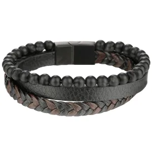 Men Leather Bracelet 2 in 1 Handmade Braided Leather Rope Tiger Eye Beaded Stone Bracelets, Double Row Magnetic Clasp Bracelet Jewelry Gift for Men and Boy (Black A, 8.3 In)