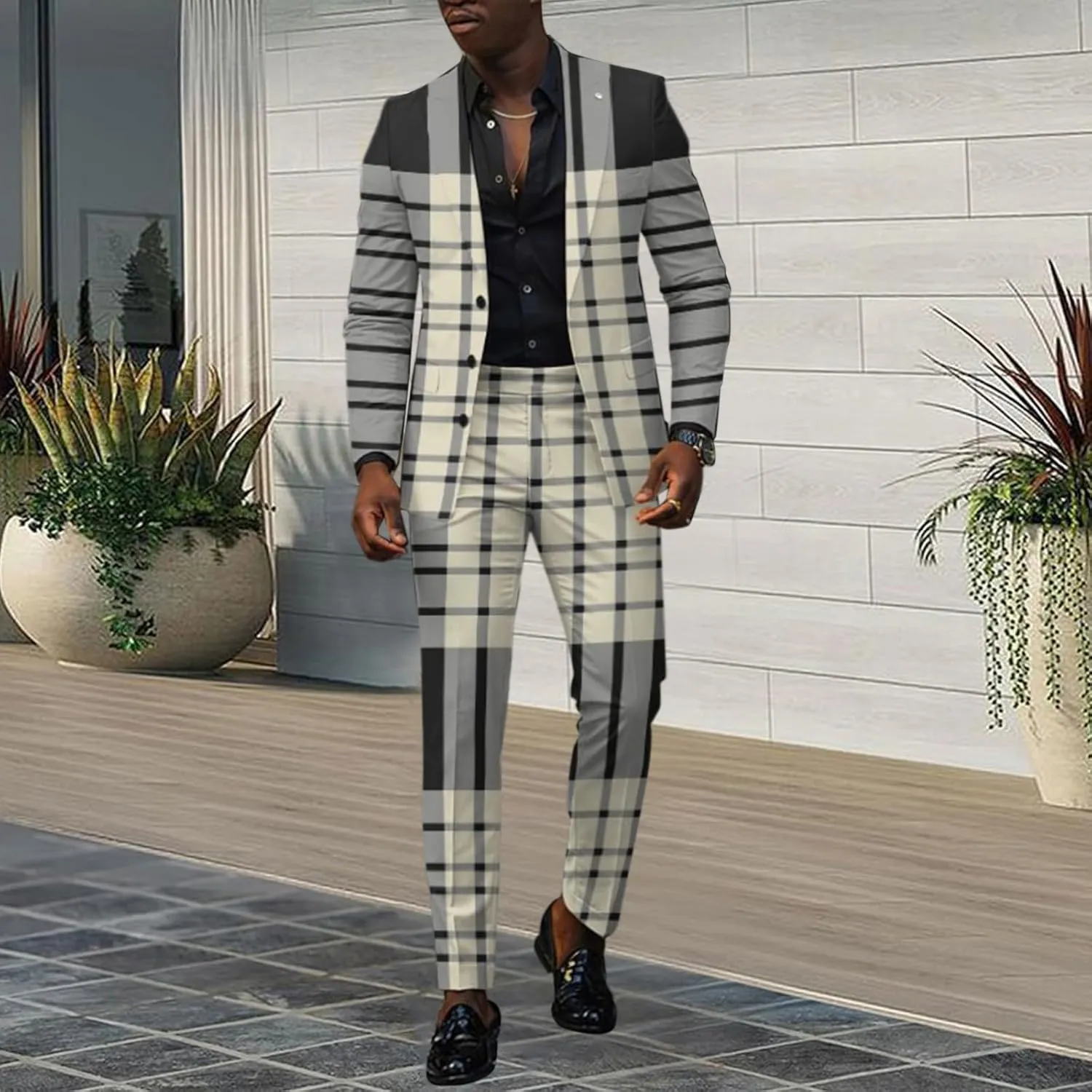 Mens 2 Piece Floral Print Suit Fashion Business Party Button Down Jacket Slim Fit Blazer Pants Wedding Dance Outfits