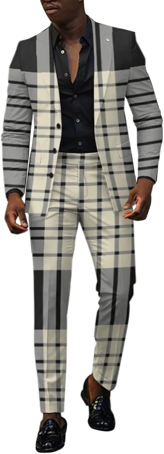 Mens 2 Piece Floral Print Suit Fashion Business Party Button Down Jacket Slim Fit Blazer Pants Wedding Dance Outfits