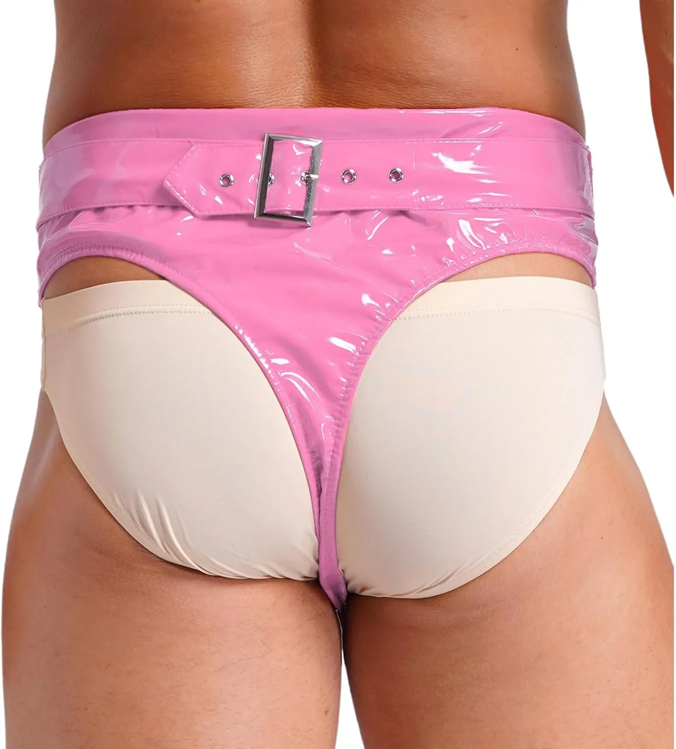 Mens Adjustable Buckle Belted Underwear Faux Leather High Waisted Booty Shorts Brief Style Bottoms