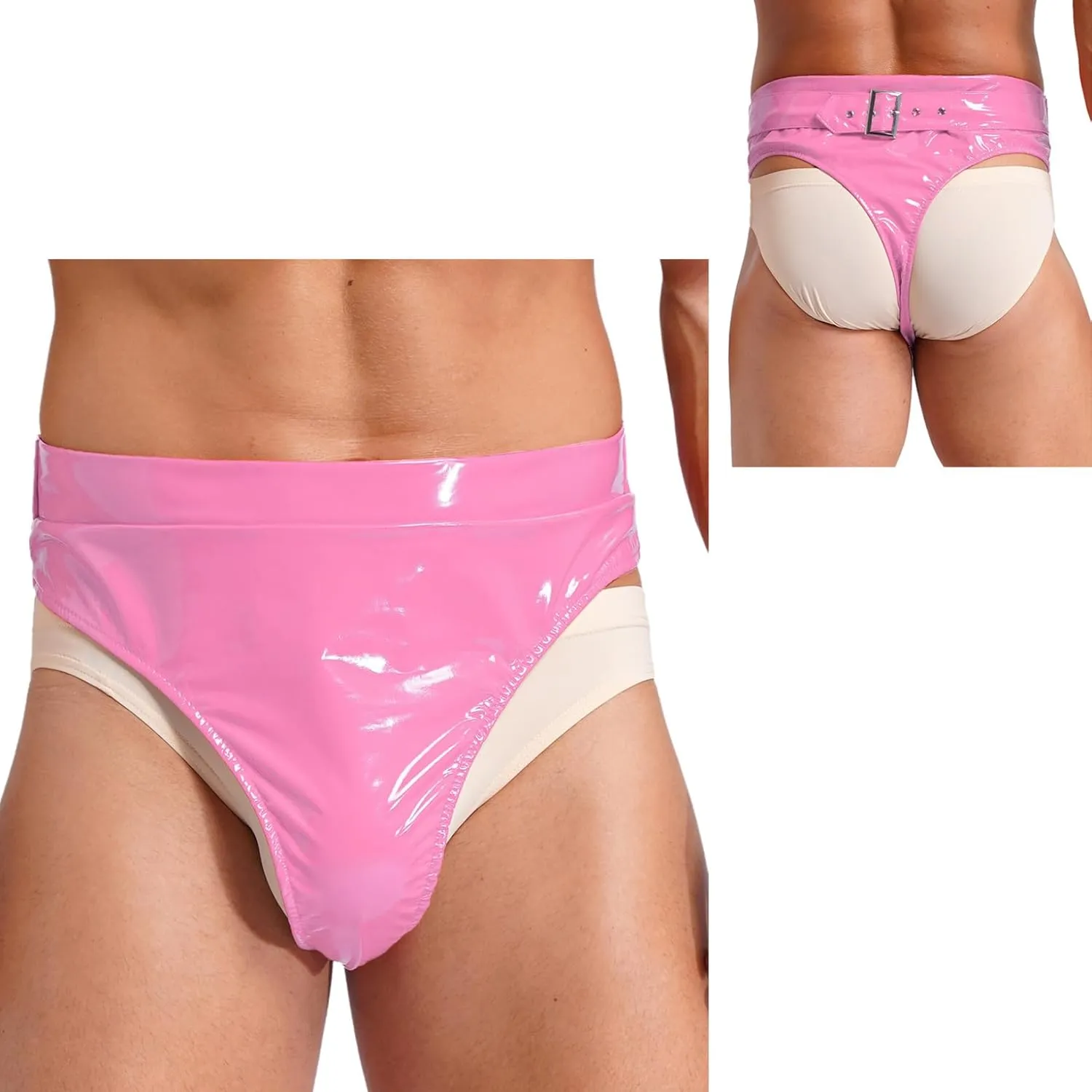 Mens Adjustable Buckle Belted Underwear Faux Leather High Waisted Booty Shorts Brief Style Bottoms