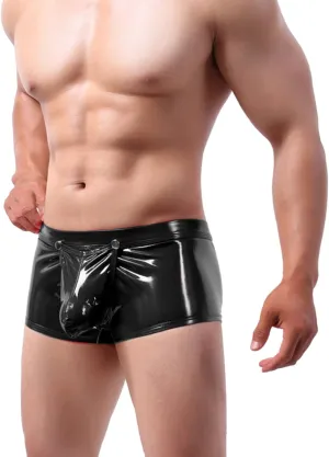 Mens Boxer Briefs Sexy Faux Leather Bulge Pouch Trunks Low Rise Shorts Lingerie Elastic Waist Underpants Nightclub