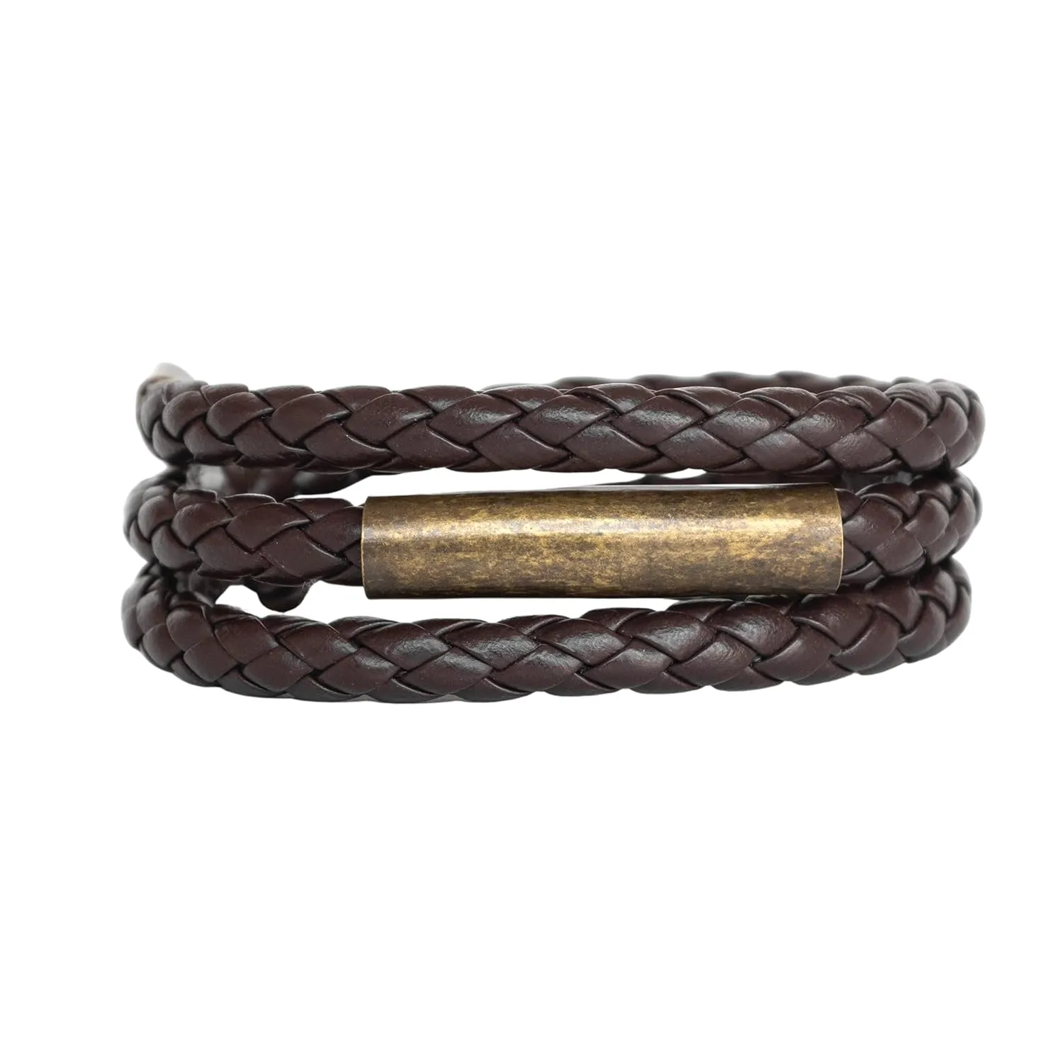 Men's Braided Bracelet, Wide Brown Leather & Brass Plated Tube Bead Wrap Bracelet for Men, Boho Tribal Handmade Jewelry for Guys by Magoo