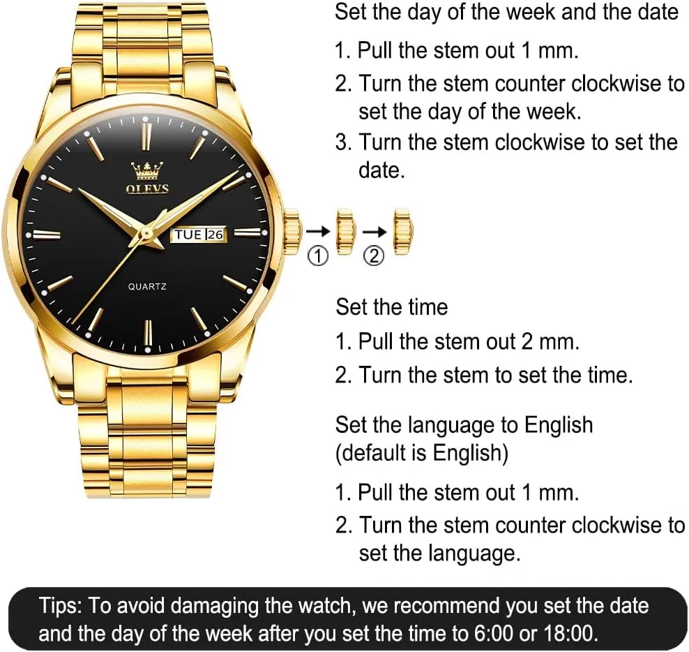 Men's Casual Stainless Steel Watch, Big Face Easy to Read Analog Quartz Watch with Day and Date, Classic Waterproof Diamond Roman Arabic Numerals Dial Dress Watch for Men, Gold Silver Black Band