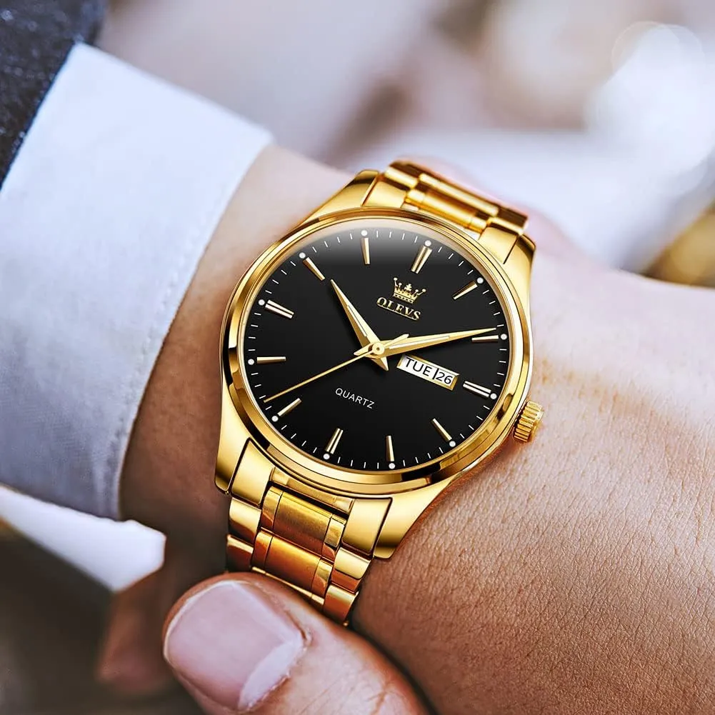 Men's Casual Stainless Steel Watch, Big Face Easy to Read Analog Quartz Watch with Day and Date, Classic Waterproof Diamond Roman Arabic Numerals Dial Dress Watch for Men, Gold Silver Black Band