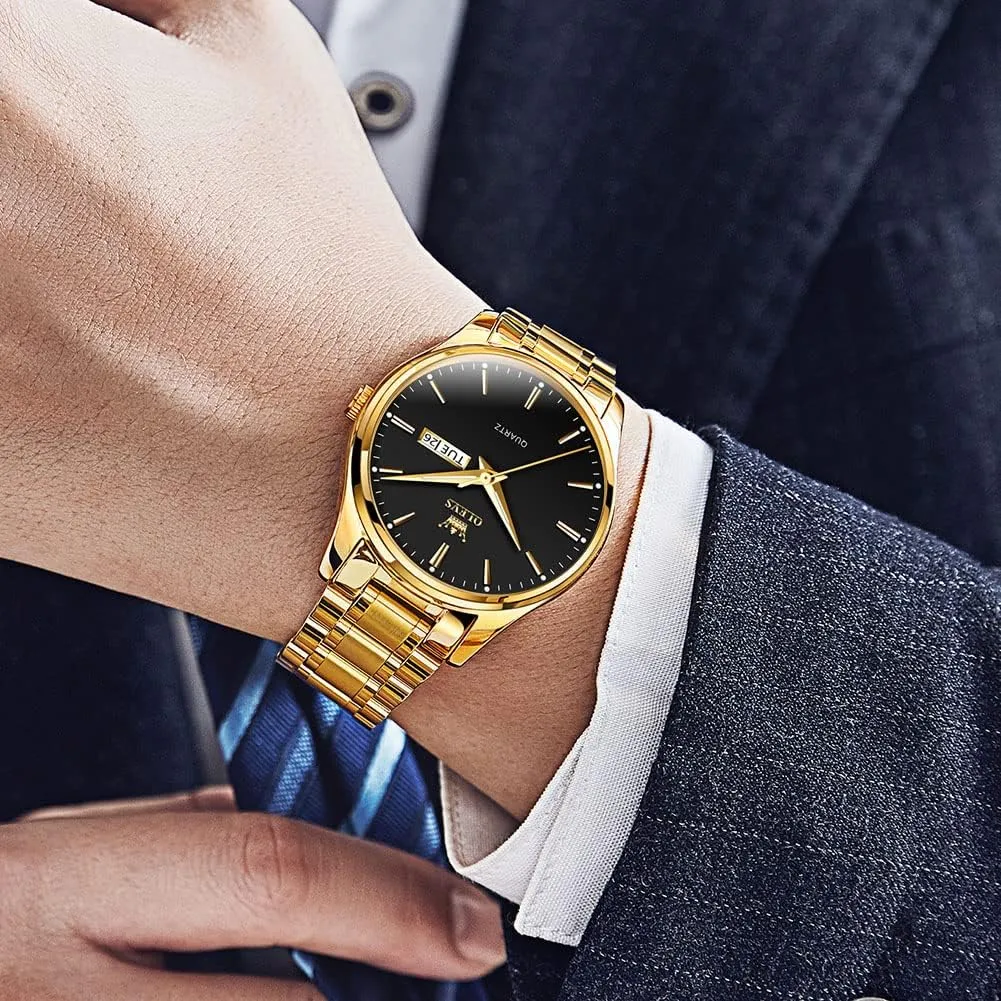 Men's Casual Stainless Steel Watch, Big Face Easy to Read Analog Quartz Watch with Day and Date, Classic Waterproof Diamond Roman Arabic Numerals Dial Dress Watch for Men, Gold Silver Black Band