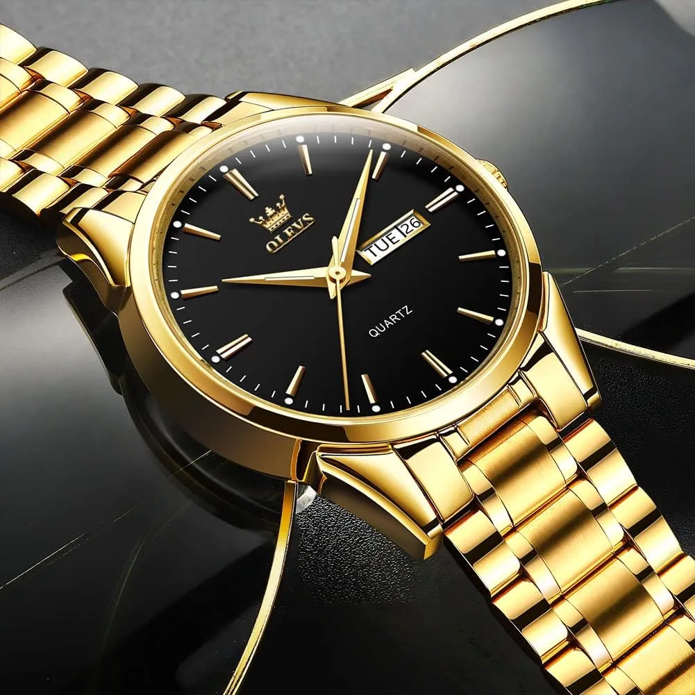 Men's Casual Stainless Steel Watch, Big Face Easy to Read Analog Quartz Watch with Day and Date, Classic Waterproof Diamond Roman Arabic Numerals Dial Dress Watch for Men, Gold Silver Black Band