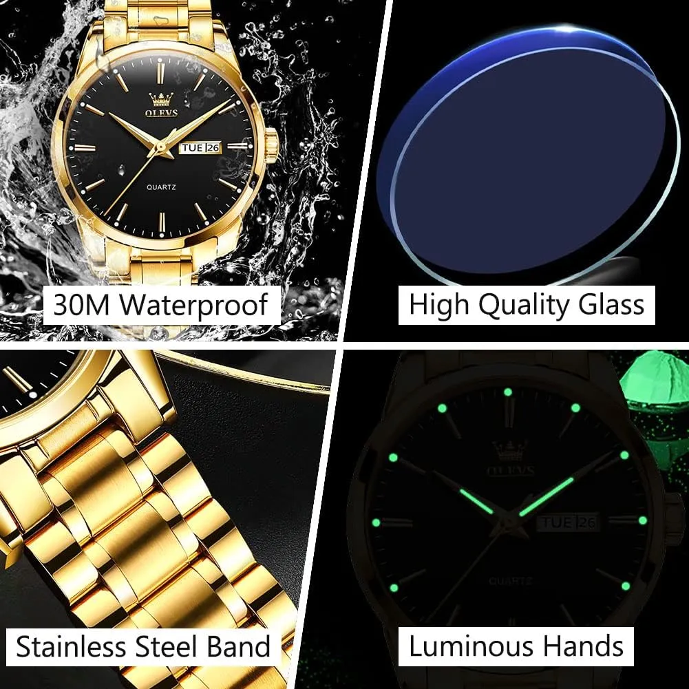 Men's Casual Stainless Steel Watch, Big Face Easy to Read Analog Quartz Watch with Day and Date, Classic Waterproof Diamond Roman Arabic Numerals Dial Dress Watch for Men, Gold Silver Black Band