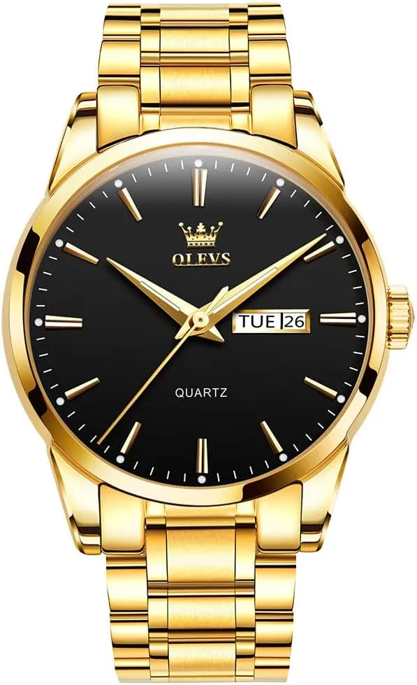 Men's Casual Stainless Steel Watch, Big Face Easy to Read Analog Quartz Watch with Day and Date, Classic Waterproof Diamond Roman Arabic Numerals Dial Dress Watch for Men, Gold Silver Black Band