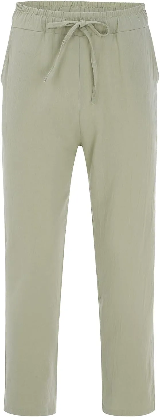 Mens Cotton Pants Casual Elastic Waist Drawstring Lightweight Summer Beach Trousers with Pockets, Tactical Pants for Men