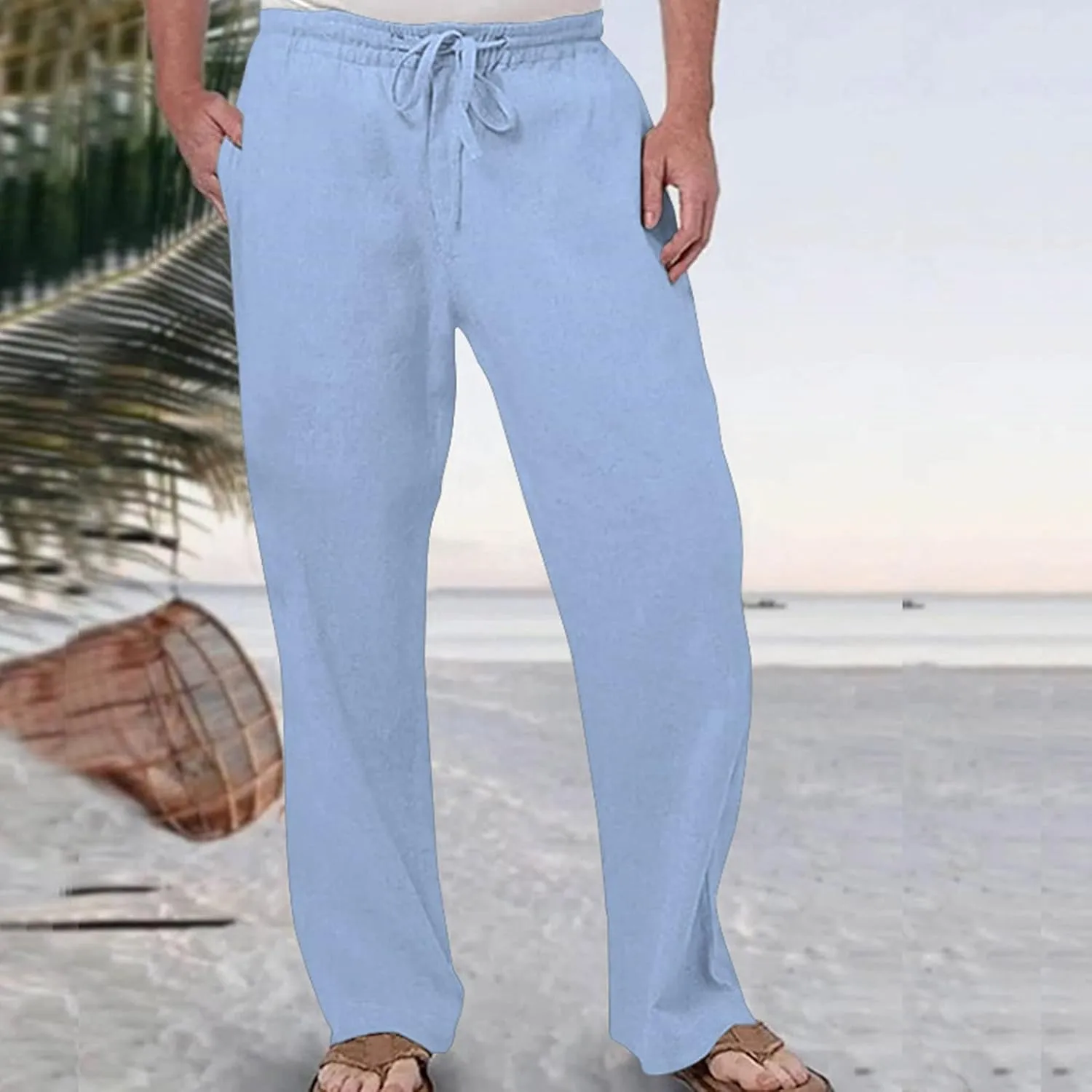 Mens Cotton Pants Casual Elastic Waist Drawstring Lightweight Summer Beach Trousers with Pockets, Tactical Pants for Men