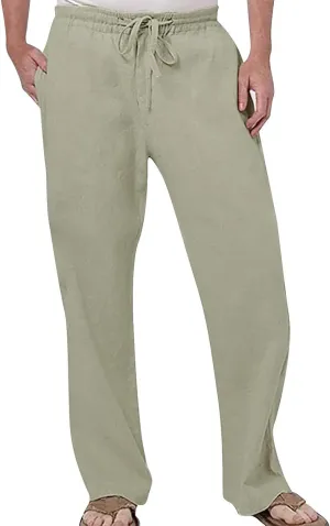 Mens Cotton Pants Casual Elastic Waist Drawstring Lightweight Summer Beach Trousers with Pockets, Tactical Pants for Men