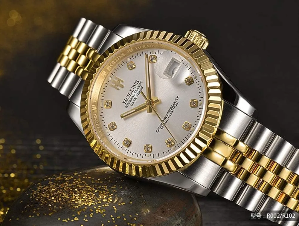 Mens Full Gold Watch Automatic Mechanical Gilded Steel Self-Wind Sapphire Glass Dress Waterproof Watch