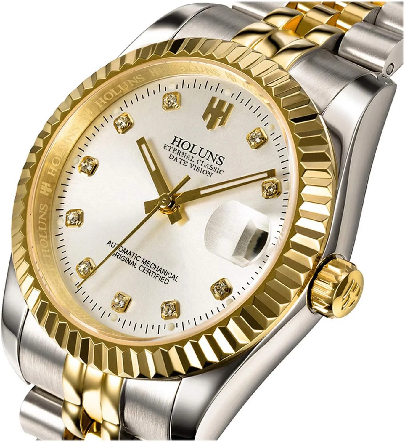 Mens Full Gold Watch Automatic Mechanical Gilded Steel Self-Wind Sapphire Glass Dress Waterproof Watch