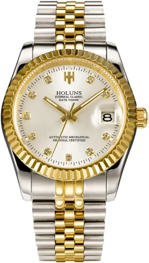 Mens Full Gold Watch Automatic Mechanical Gilded Steel Self-Wind Sapphire Glass Dress Waterproof Watch